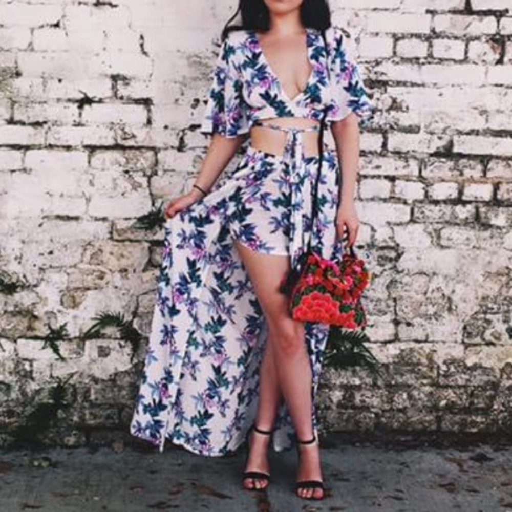 Pucci Style Floral Crop Top and Skirt Set Floral